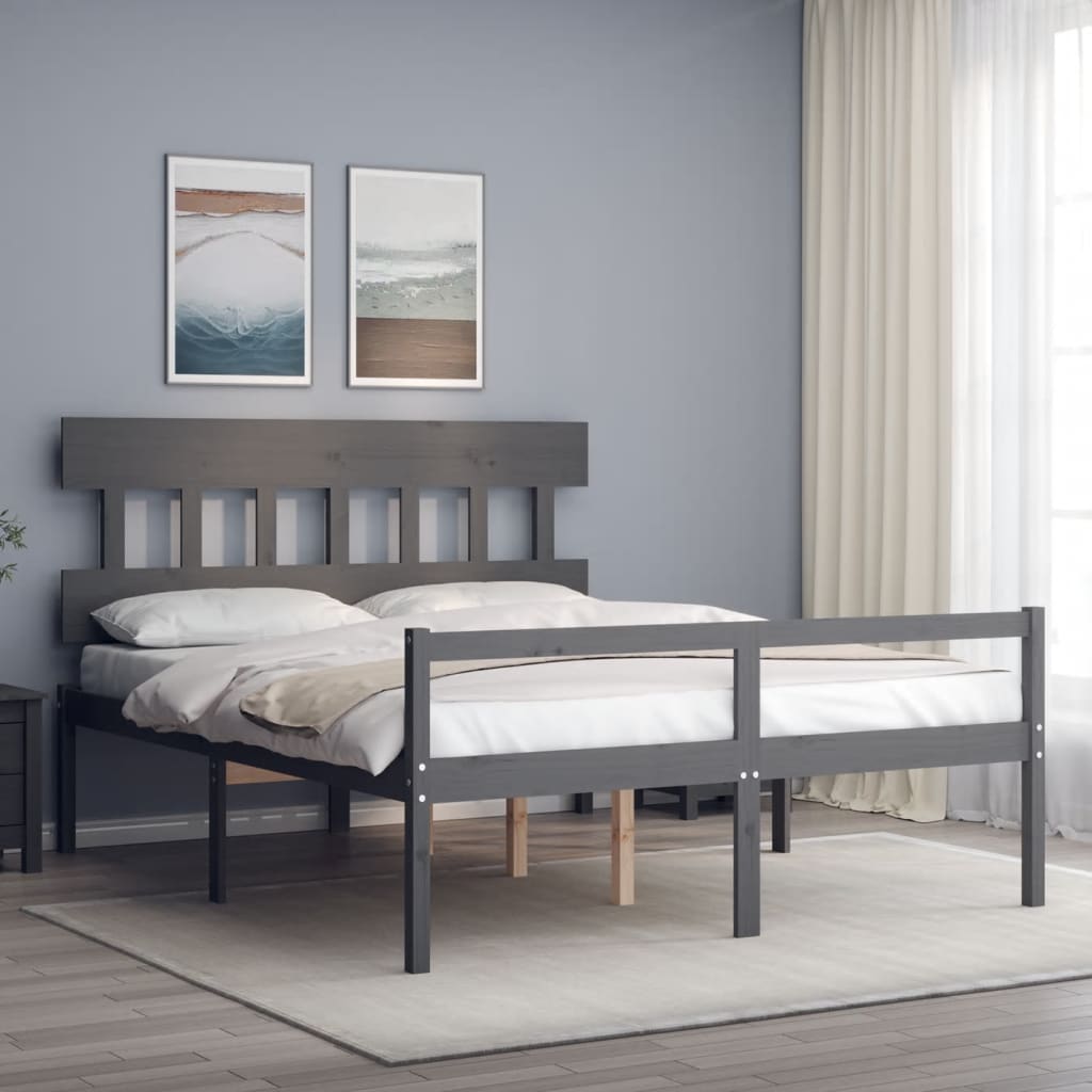 vidaXL Cadre de lit avec tête de lit gris King bois massif