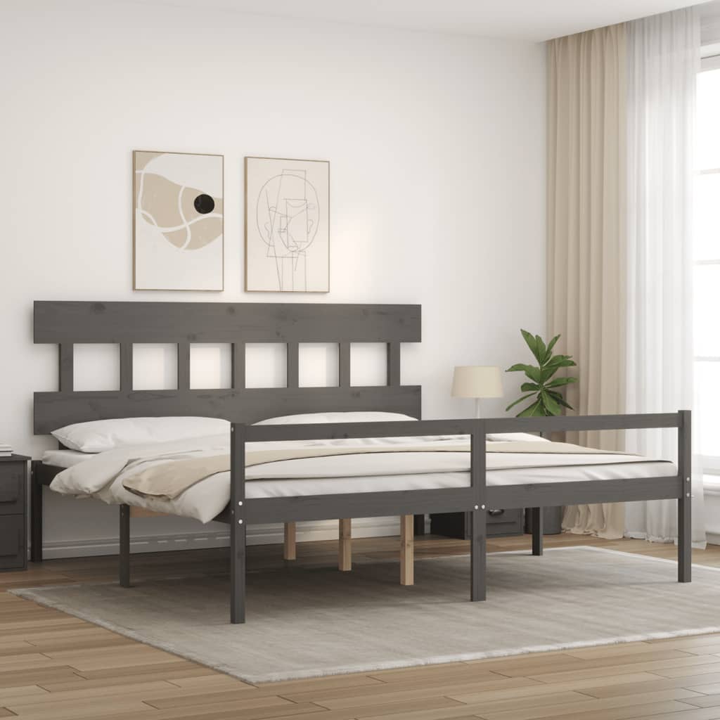 vidaXL Seniorenbett mit Kopfteil Grau Super Kingsize Massivholz