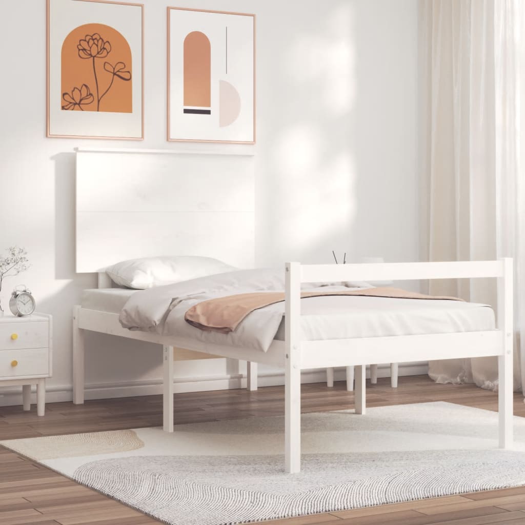 vidaXL Cadru de pat senior cu tăblie single mic, alb, lemn masiv