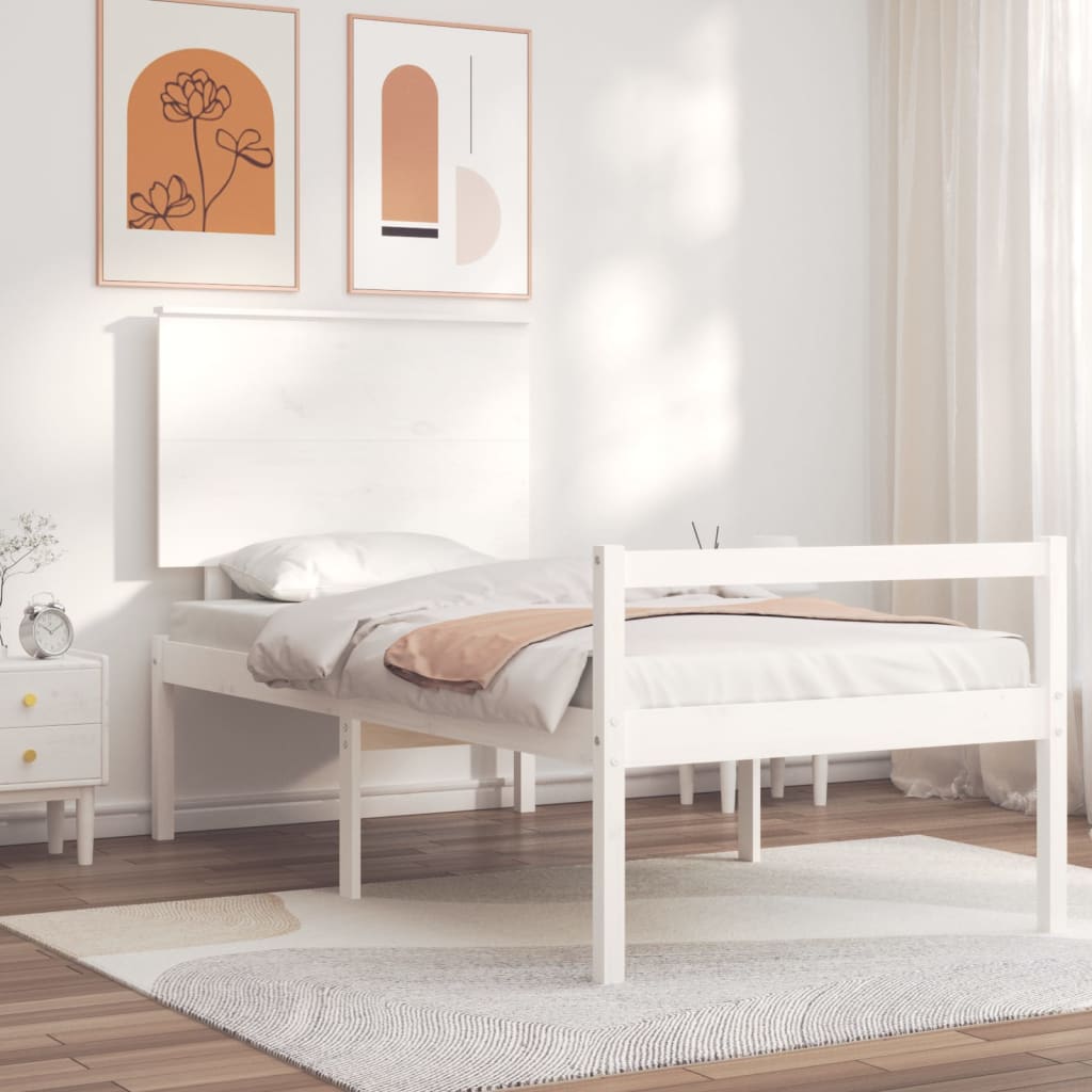 Cadru de pat cu tăblie single, alb, lemn masiv
