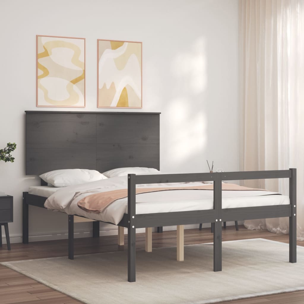 vidaXL Bed Frame with Headboard Grey 140x190 cm Solid Wood