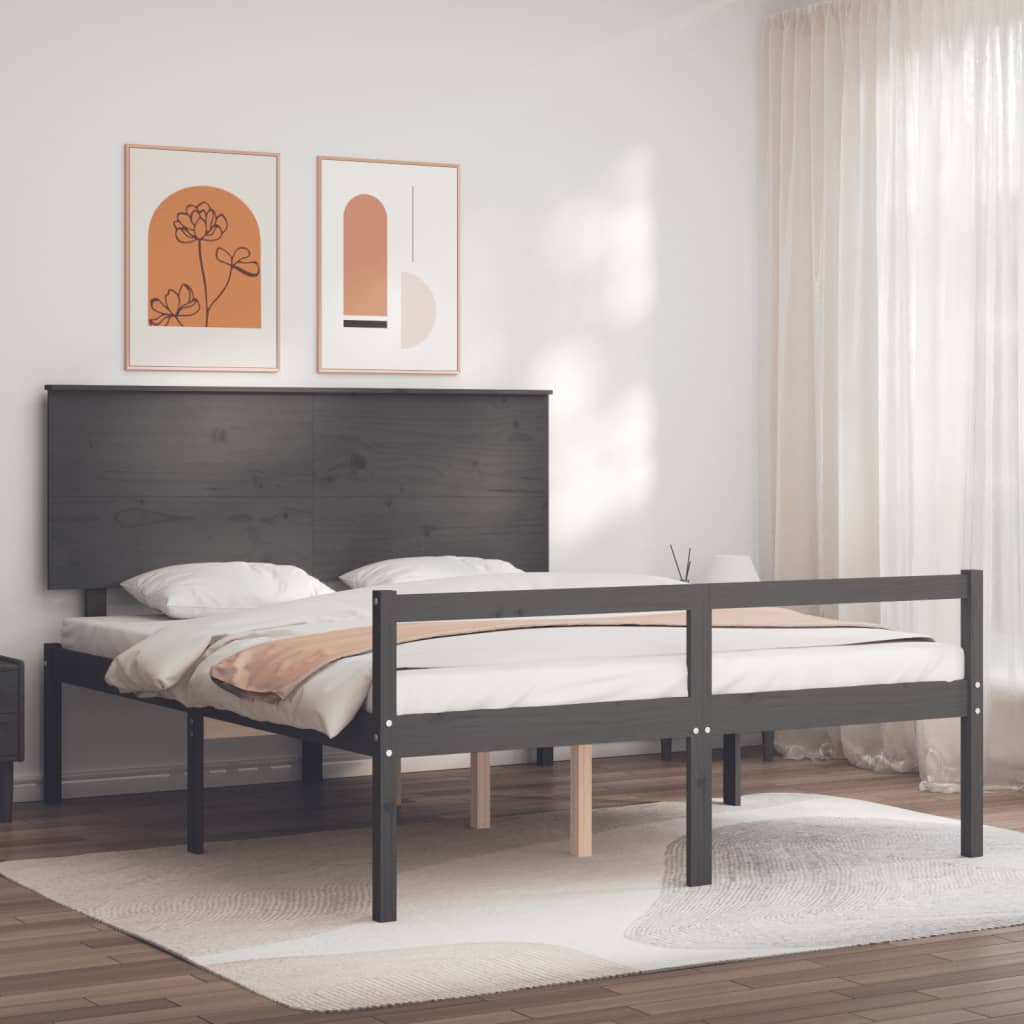 vidaXL Cadru de pat senior cu tăblie, gri, king size, lemn masiv