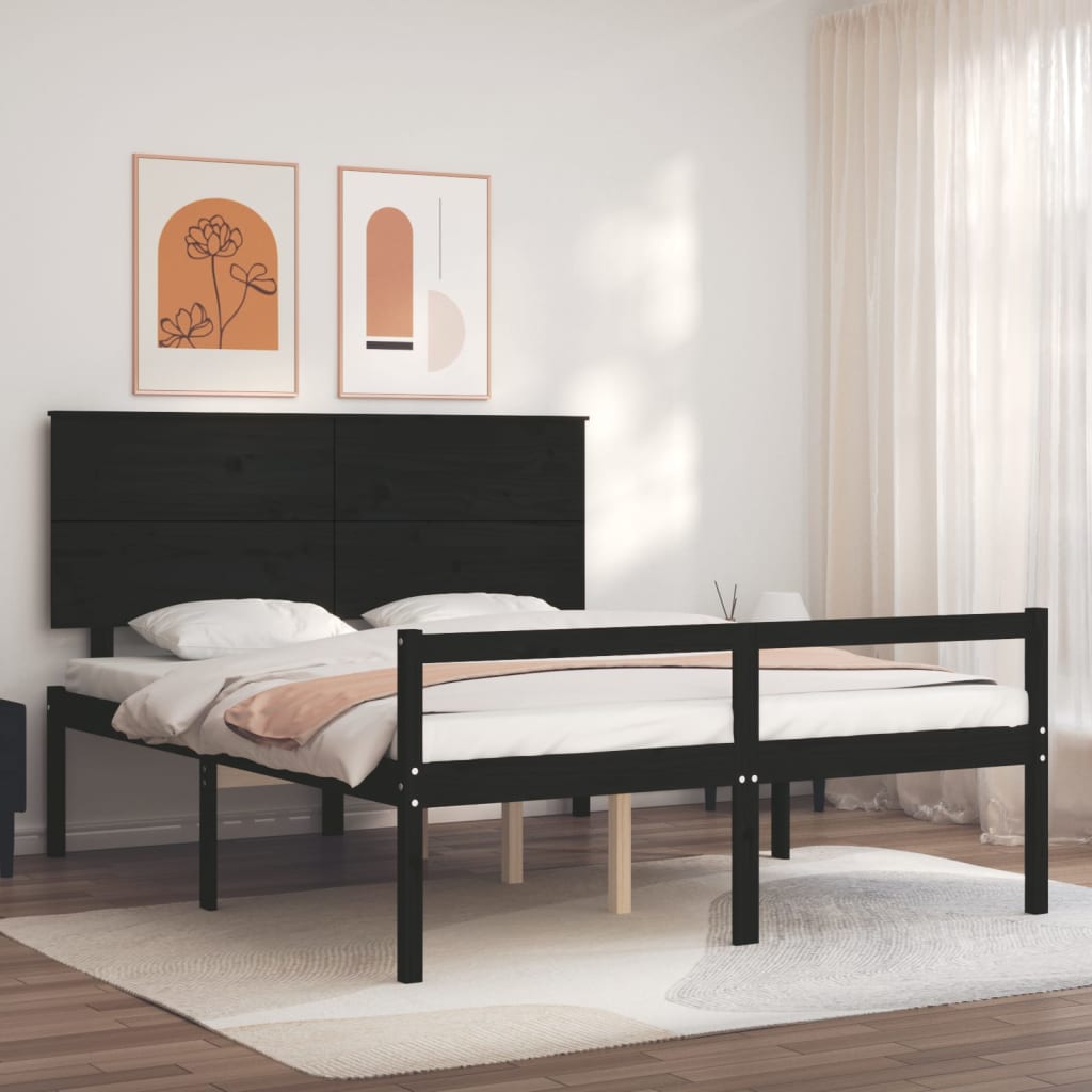 vida XL Bettgestell mit Kopfteil Schwarz 5FT King Massivholz