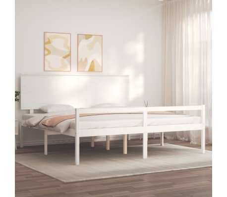vidaXL Cadru de pat senior cu tăblie, alb, Super King Size, lemn masiv