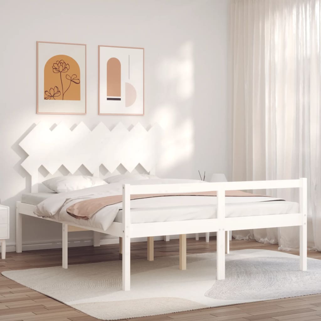 Seniorenbett mit Kopfteil 140×190 cm Weiß Massivholz