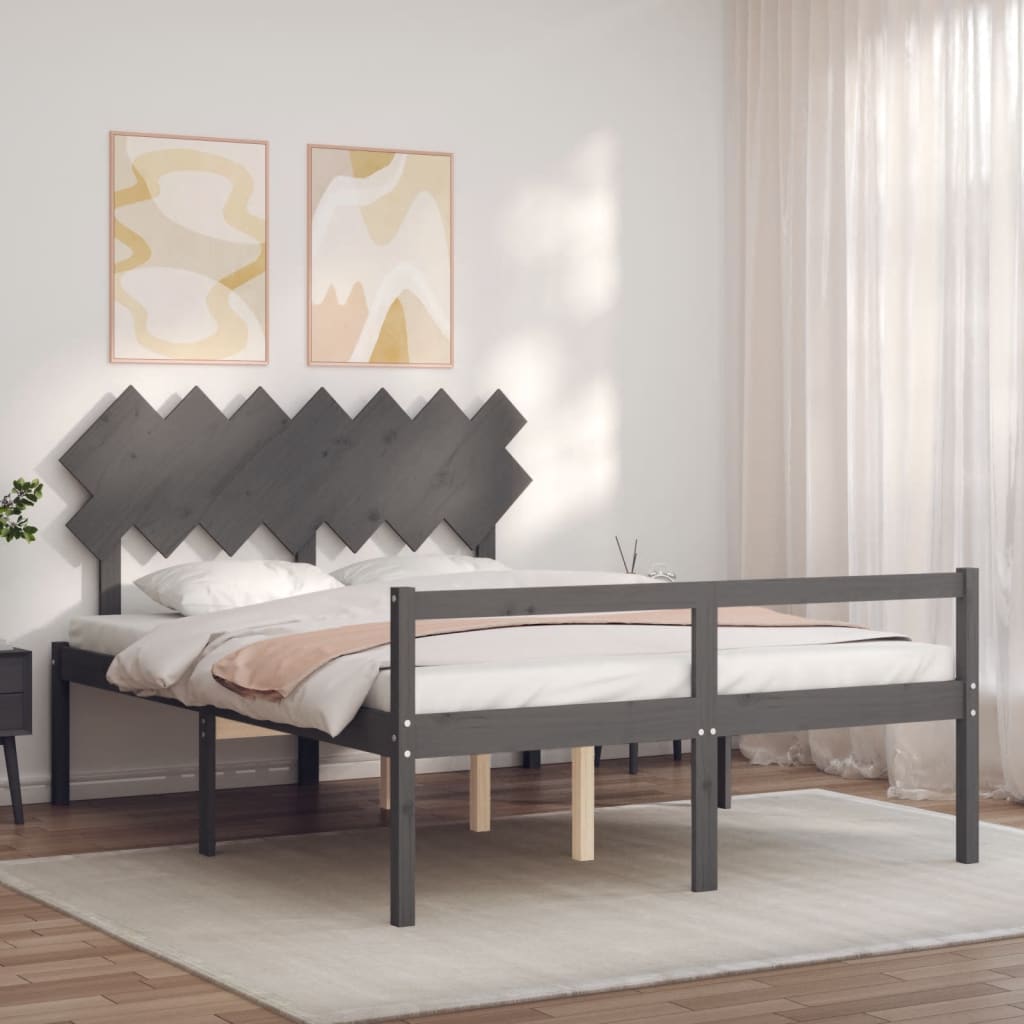 vidaXL Seniorenbett mit Kopfteil 140x190 cm Grau Massivholz