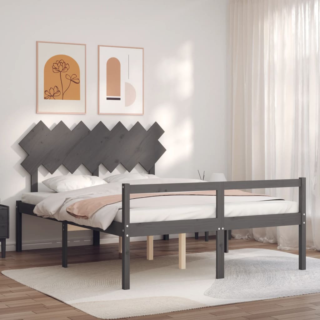 vidaXL Cadre de lit avec tête de lit gris King bois massif