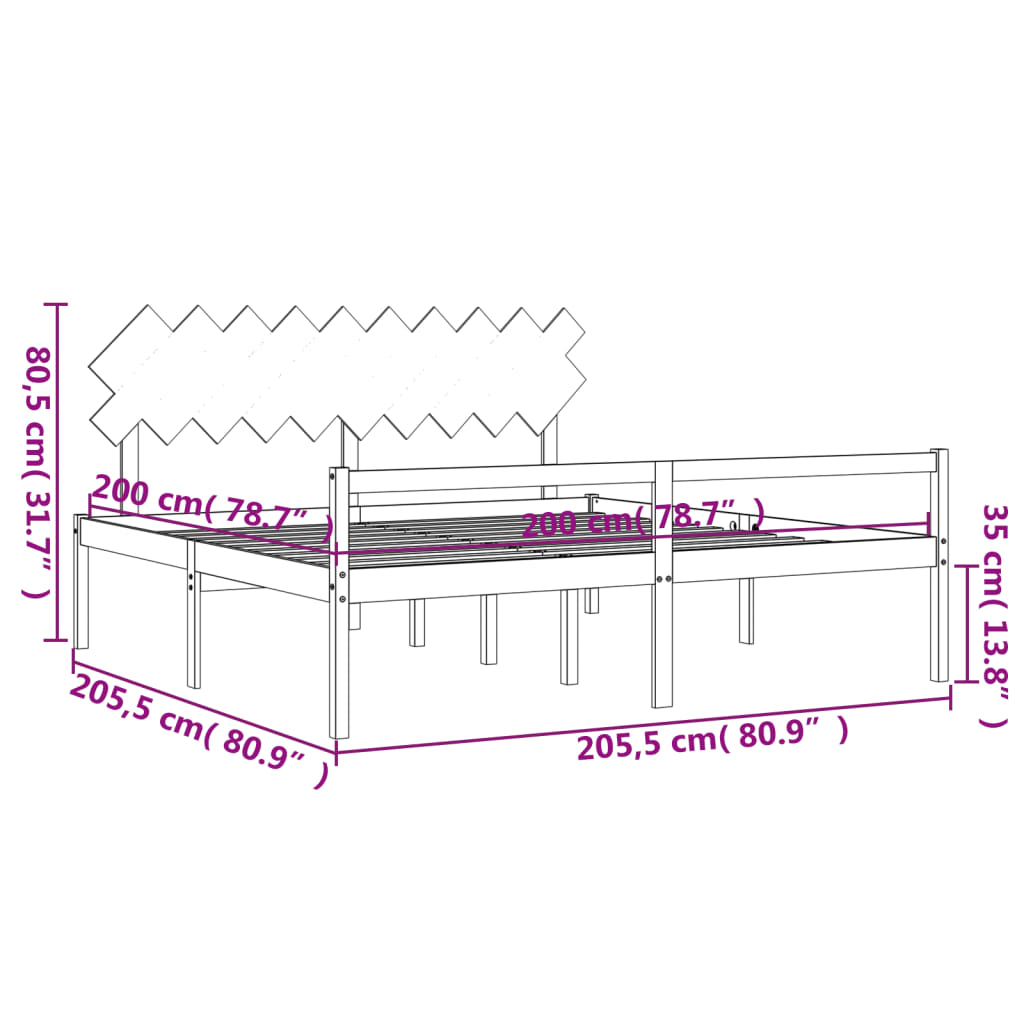 Cadru pat cu tăblie 200x200 cm, gri, lemn masiv