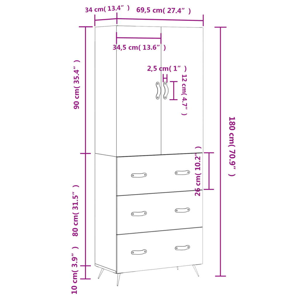 Skříň highboard šedá sonoma 69,5 x 34 x 180 cm kompozitní dřevo - obrázek 14