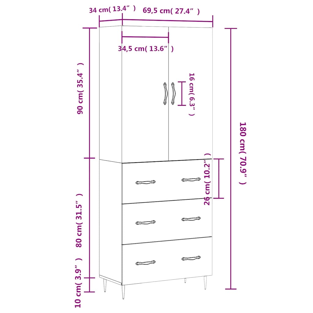 Skříň highboard šedá sonoma 69,5 x 34 x 180 cm kompozitní dřevo - obrázek 14