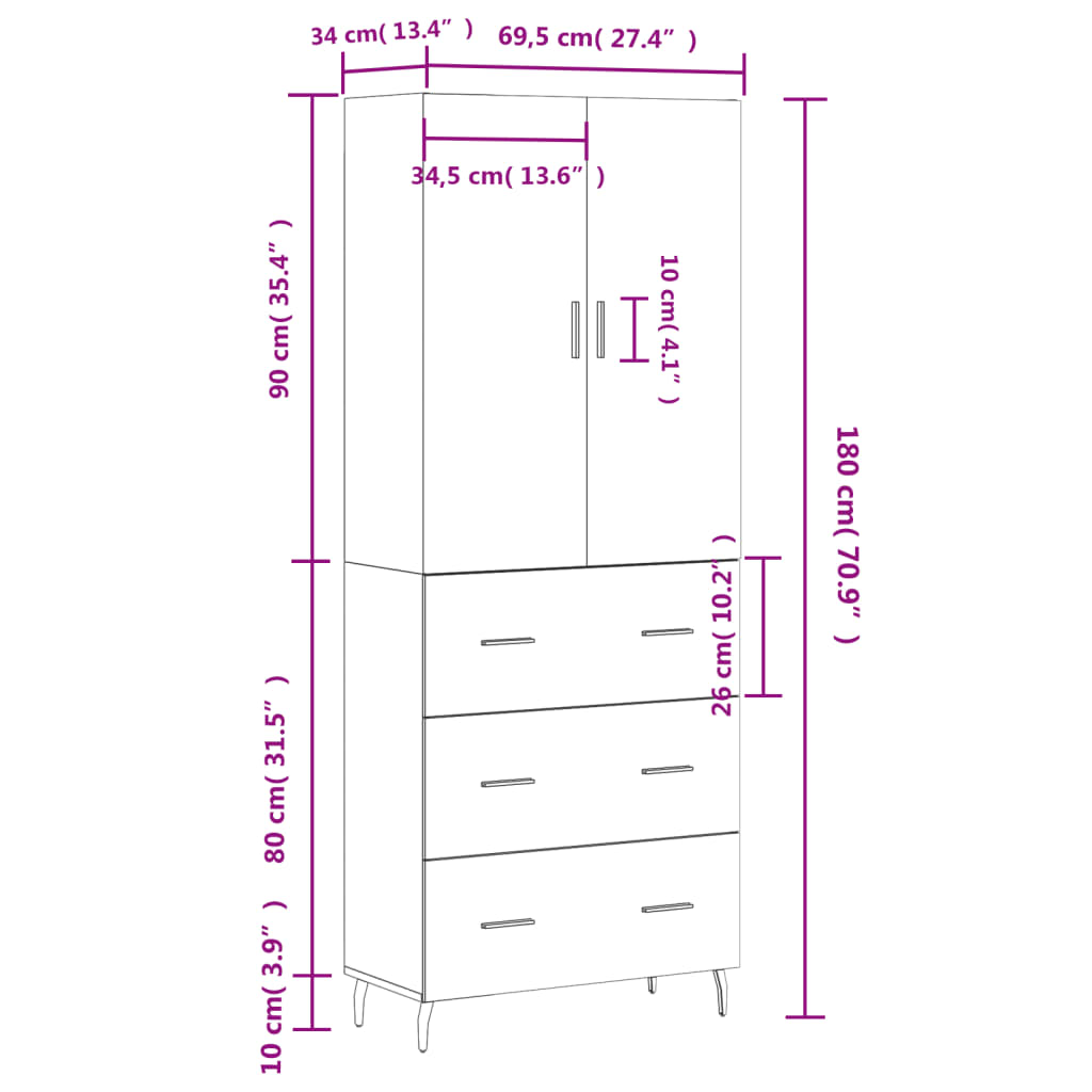 Skříň highboard bílá 69,5 x 34 x 180 cm kompozitní dřevo - obrázek 14