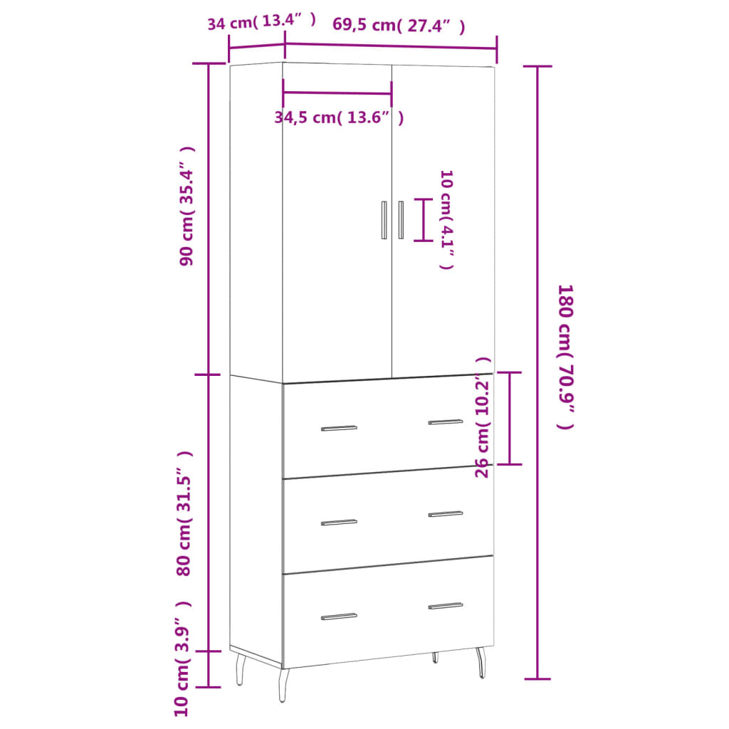 Skříň highboard šedá sonoma 69,5 x 34 x 180 cm kompozitní dřevo - obrázek 14