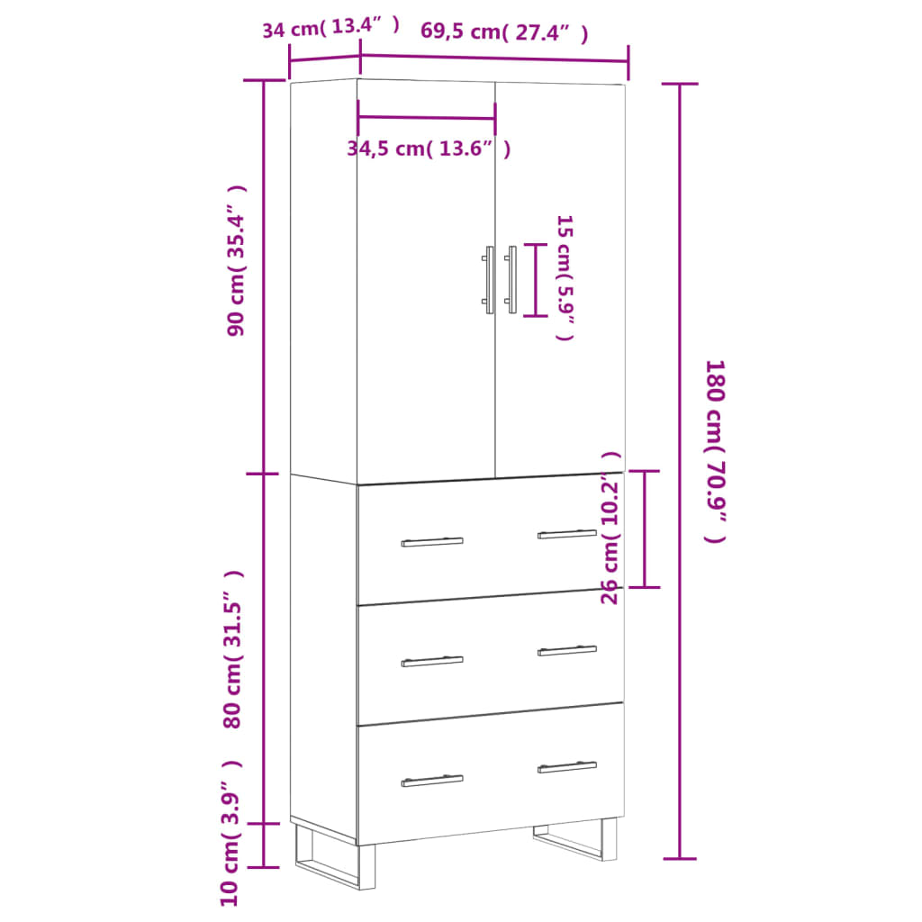 Skříň highboard bílá 69,5 x 34 x 180 cm kompozitní dřevo - obrázek 14