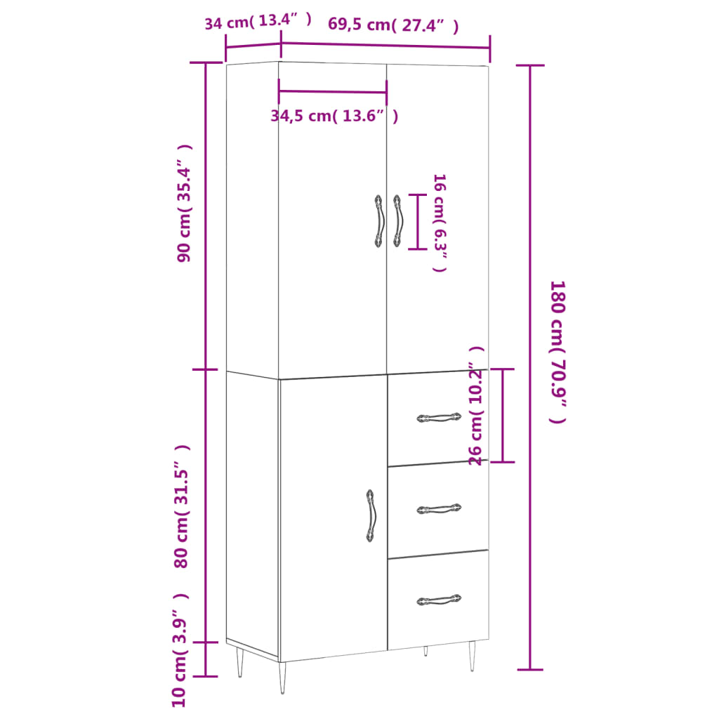 Skříň highboard šedá sonoma 69,5 x 34 x 180 cm kompozitní dřevo - obrázek 14