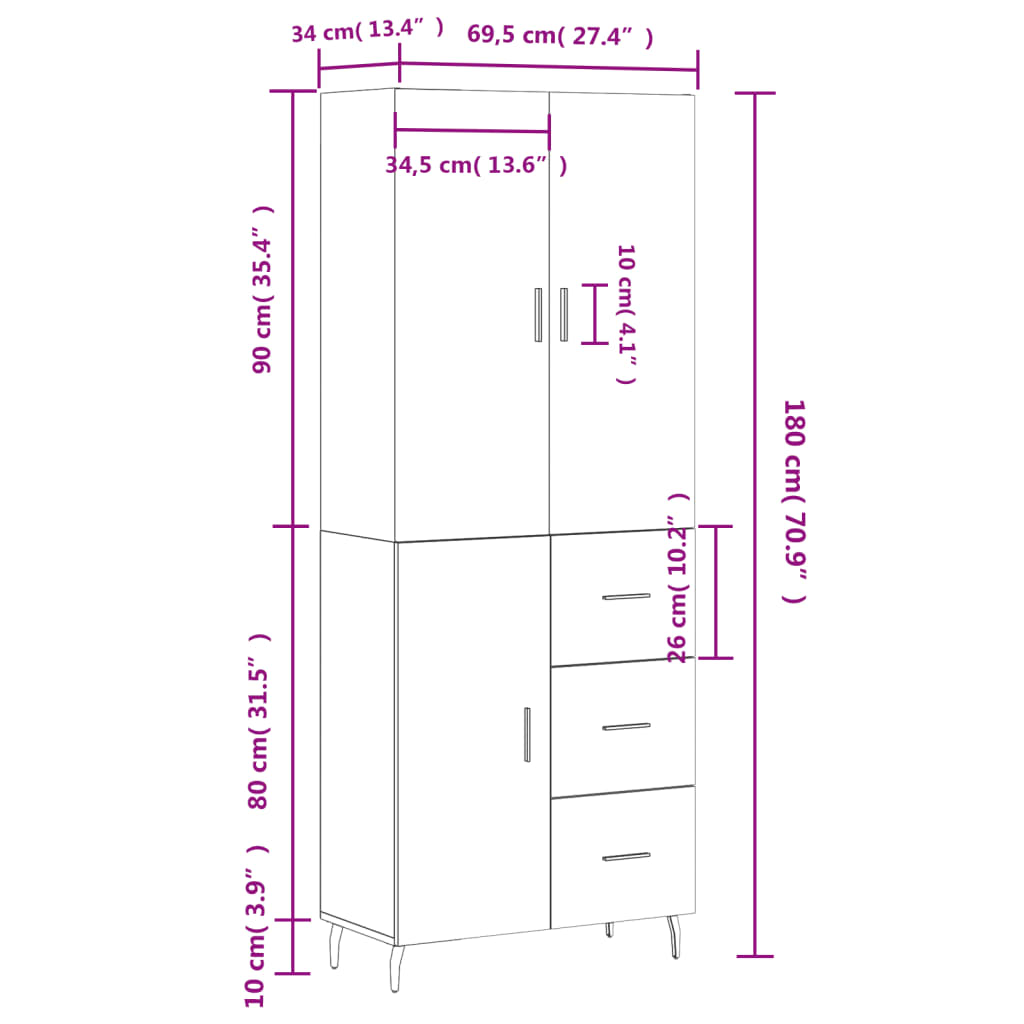 Skříň highboard šedá sonoma 69,5 x 34 x 180 cm kompozitní dřevo - obrázek 14