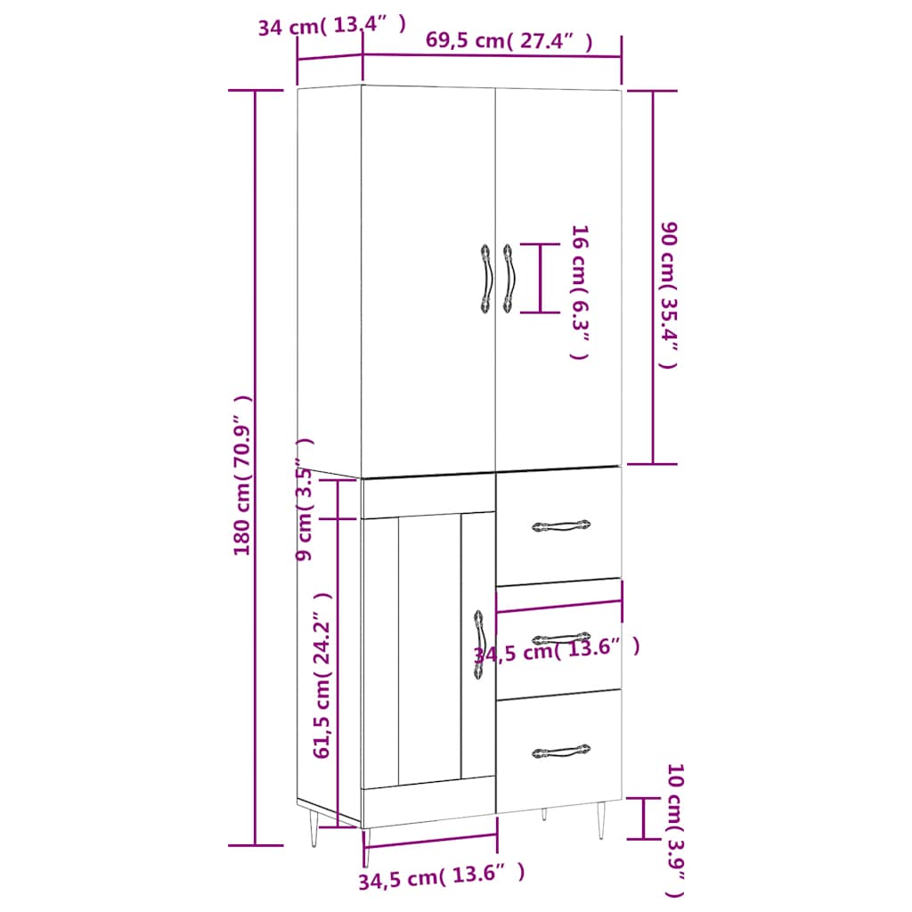 Skříň highboard bílá 69,5 x 34 x 180 cm kompozitní dřevo - obrázek 14
