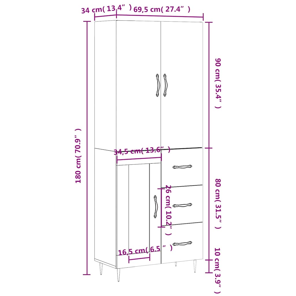 Skříň highboard bílá 69,5 x 34 x 180 cm kompozitní dřevo - obrázek 14