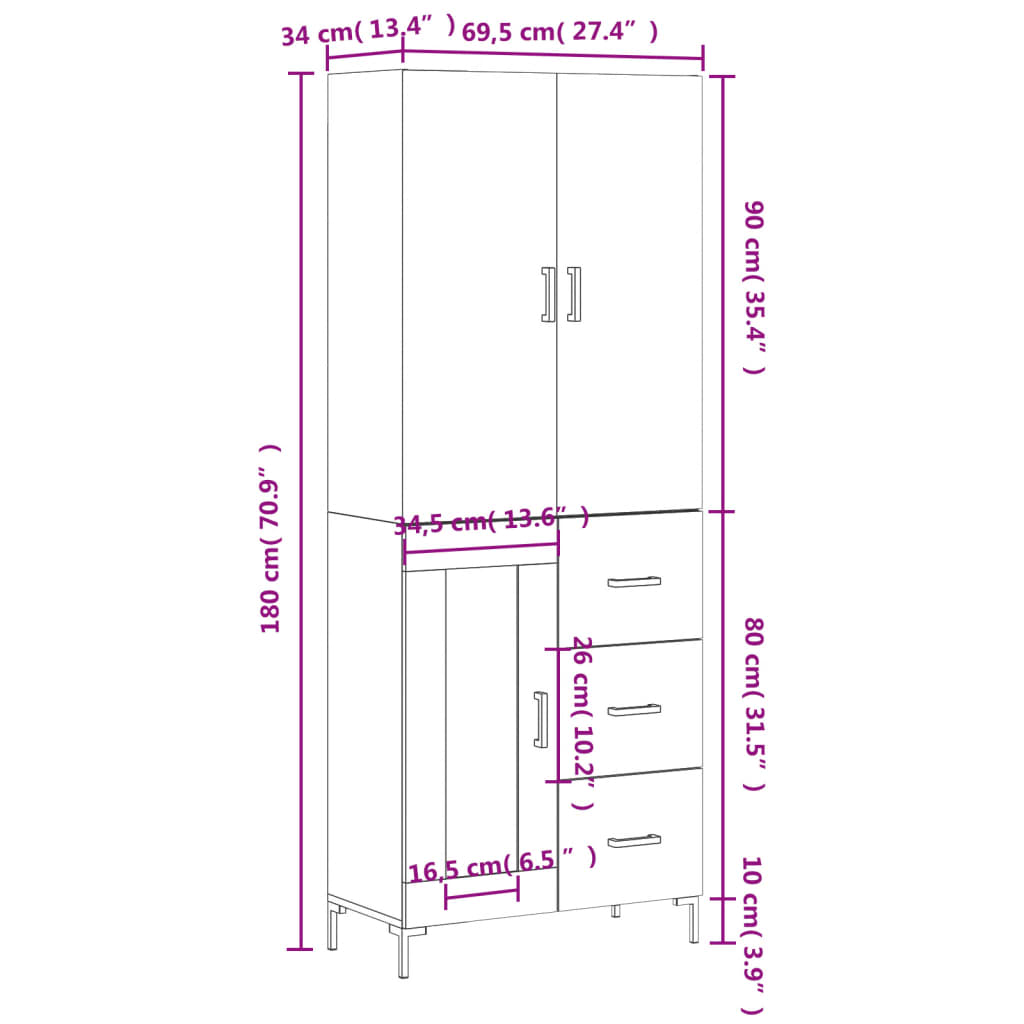 Skříň highboard kouřový dub 69,5 x 34 x 180 cm kompozitní dřevo - obrázek 14