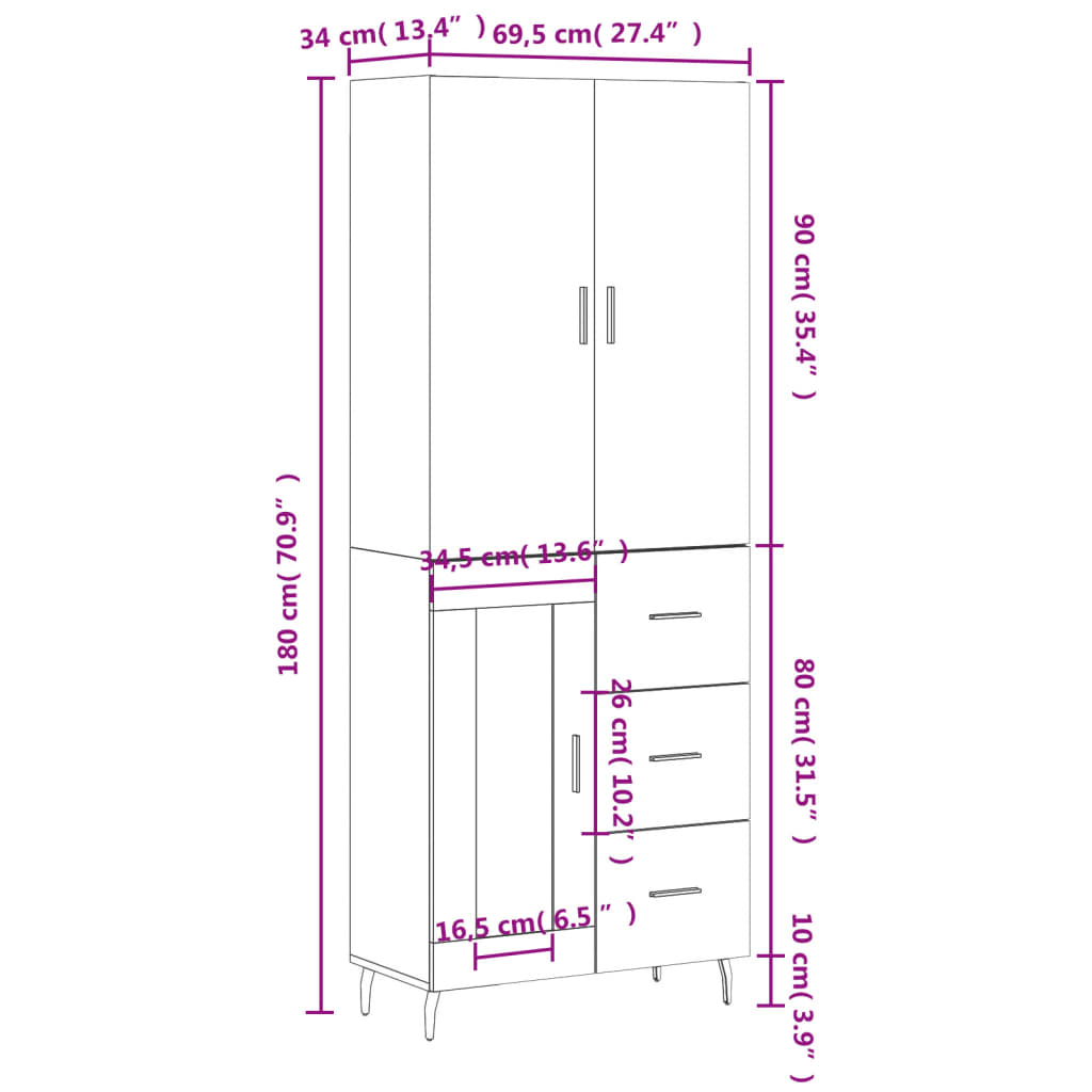 Skříň highboard šedá sonoma 69,5 x 34 x 180 cm kompozitní dřevo - obrázek 14