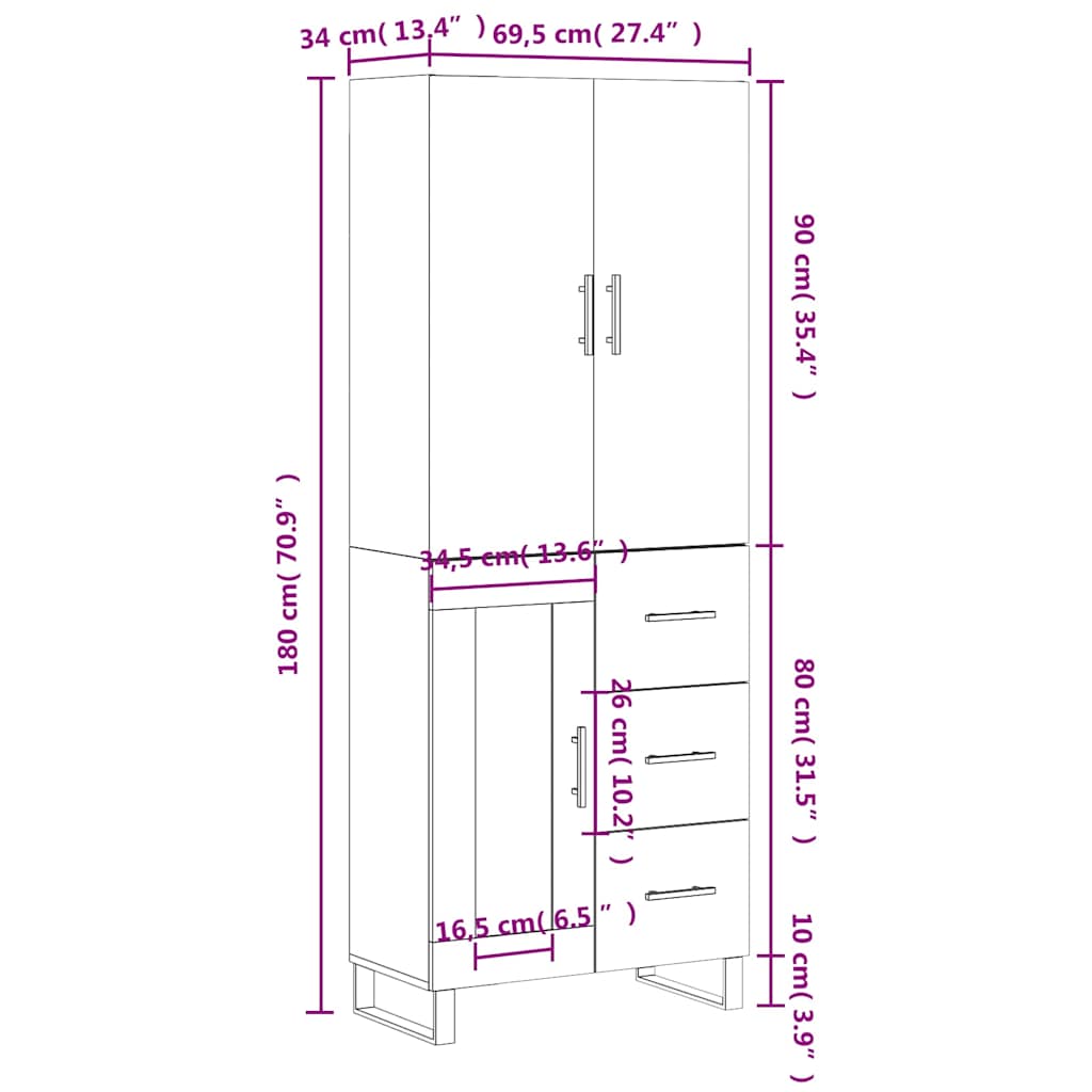 Skříň highboard kouřový dub 69,5 x 34 x 180 cm kompozitní dřevo - obrázek 14