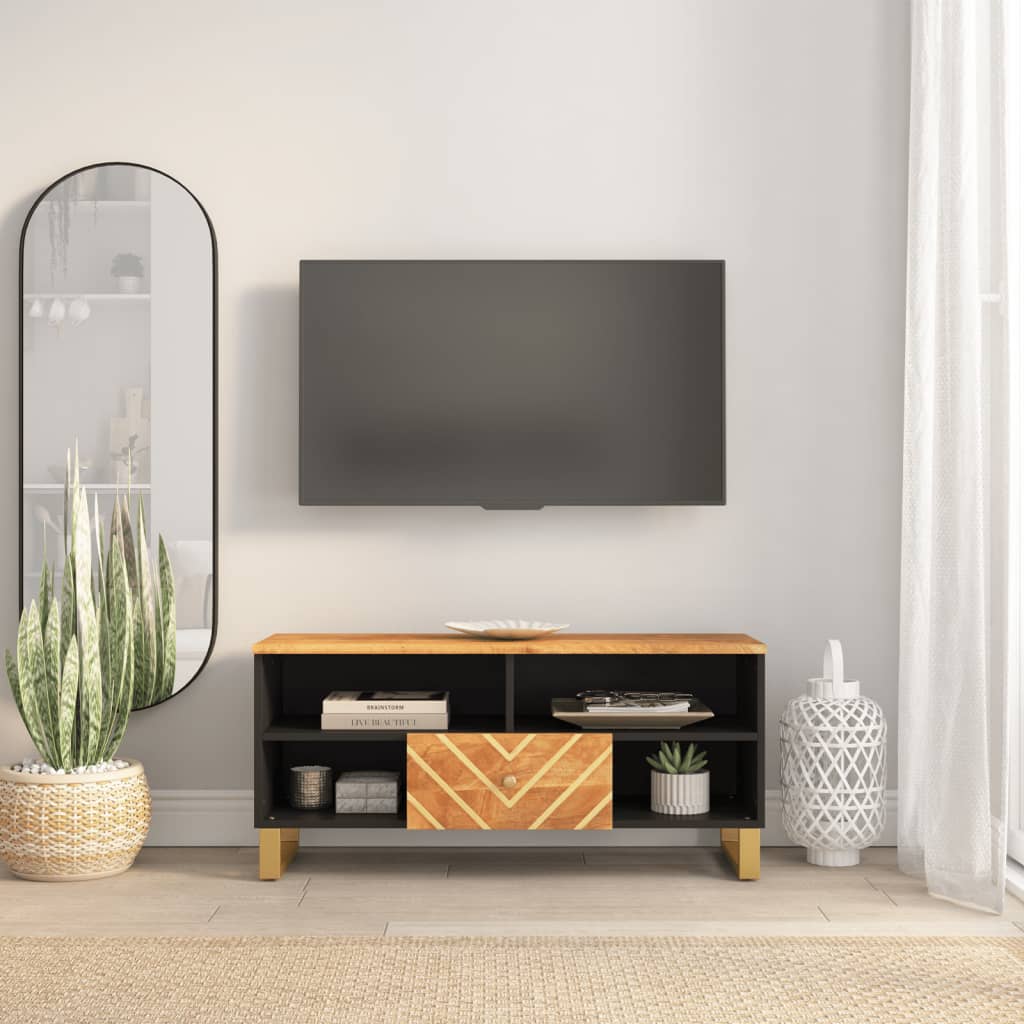 vidaXL Dulap TV, maro și negru, 100x33,5x46 cm, lemn masiv de mango