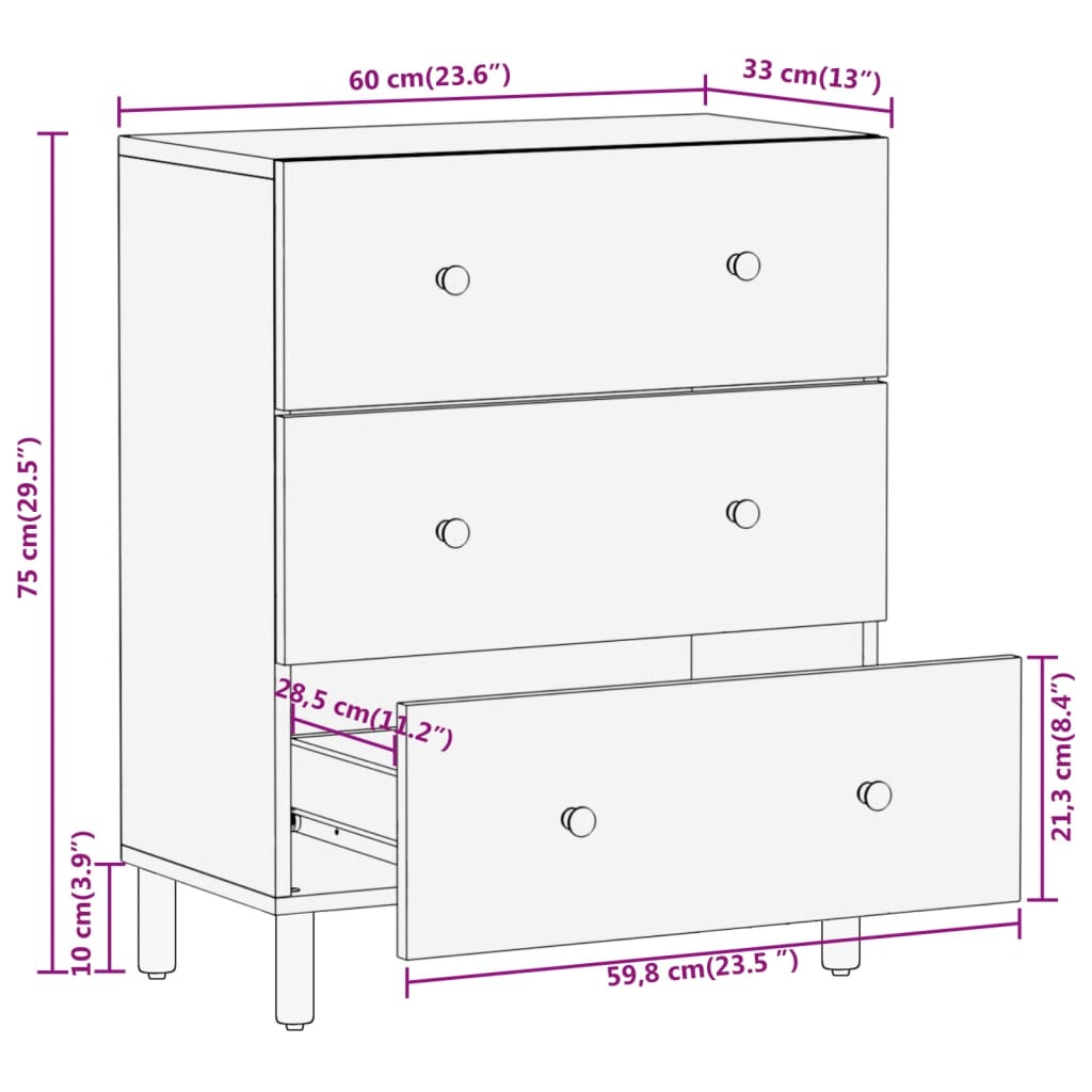 Dulap lateral, 60x33x75 cm, lemn masiv de acacia