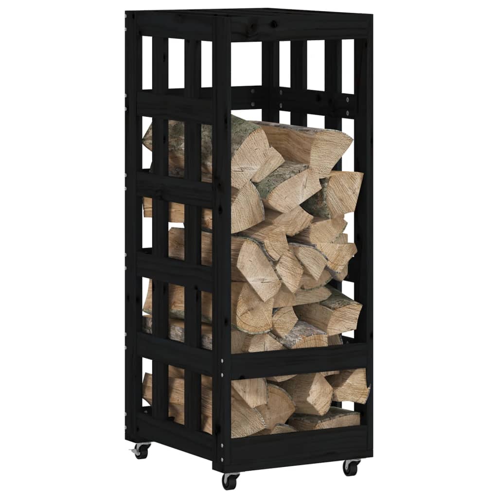 vidaXL Houtblokhouder met wielen 40x49x110 cm massief grenenhout zwart afbeelding