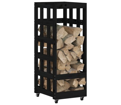 vidaXL Ξυλοθήκη με Τροχούς Μαύρη 40 x 49 x 110 εκ. Μασίφ Ξύλο Πεύκου