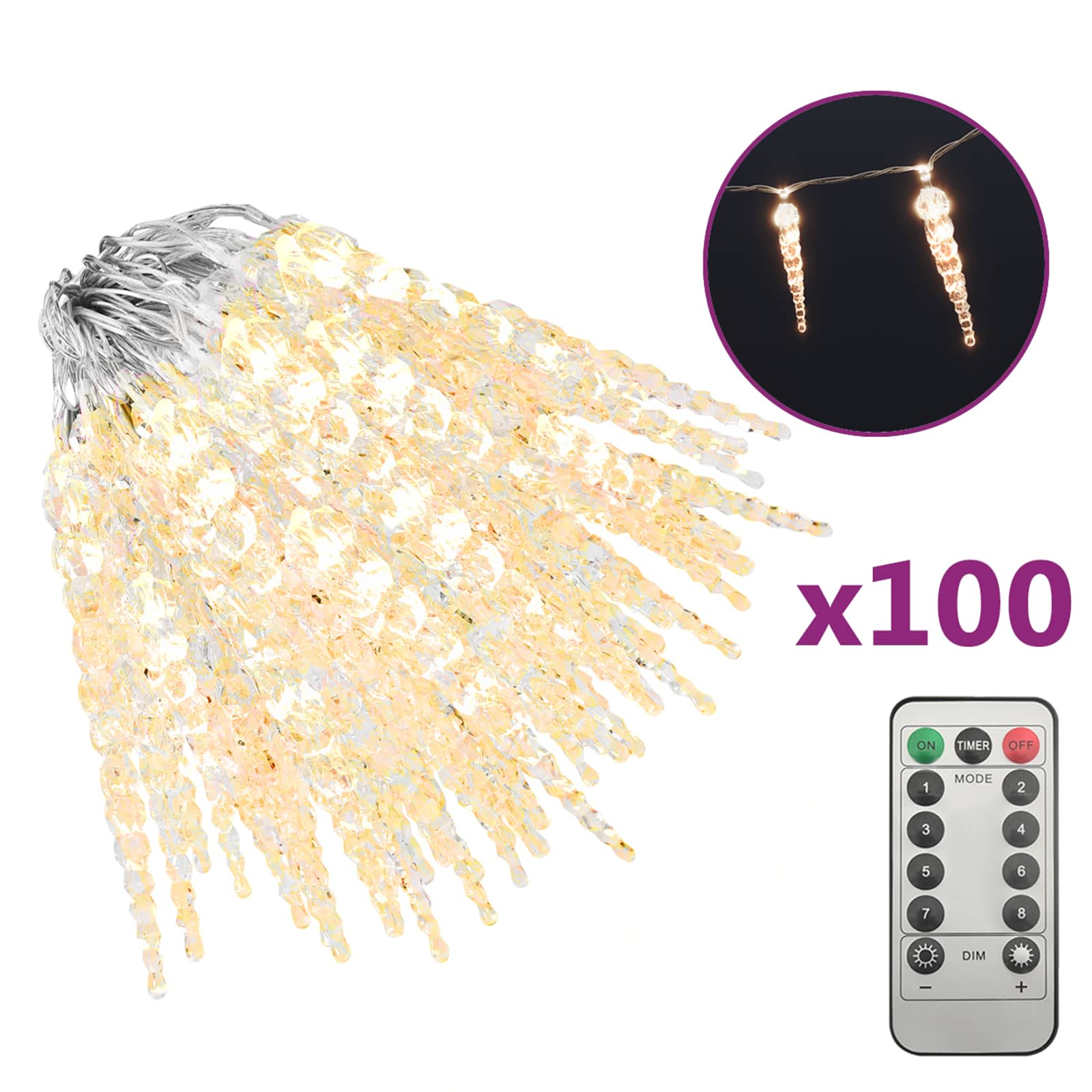 vidaXL Kerst IJspegellamp 100 LED's Warm Wit 10 m Acryl PVC, foto 3