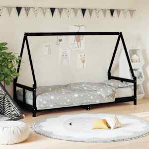 Otroški posteljni okvir črn 80x200 cm trdna borovina