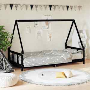 Otroški posteljni okvir črn 90x190 cm trdna borovina