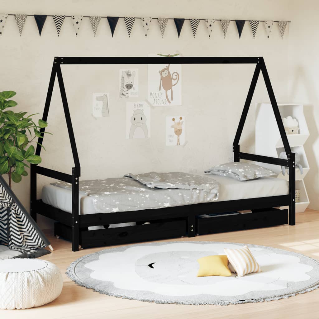vidaXL Cadru de pat copii cu sertare, negru, 90x200 cm, lemn masiv pin