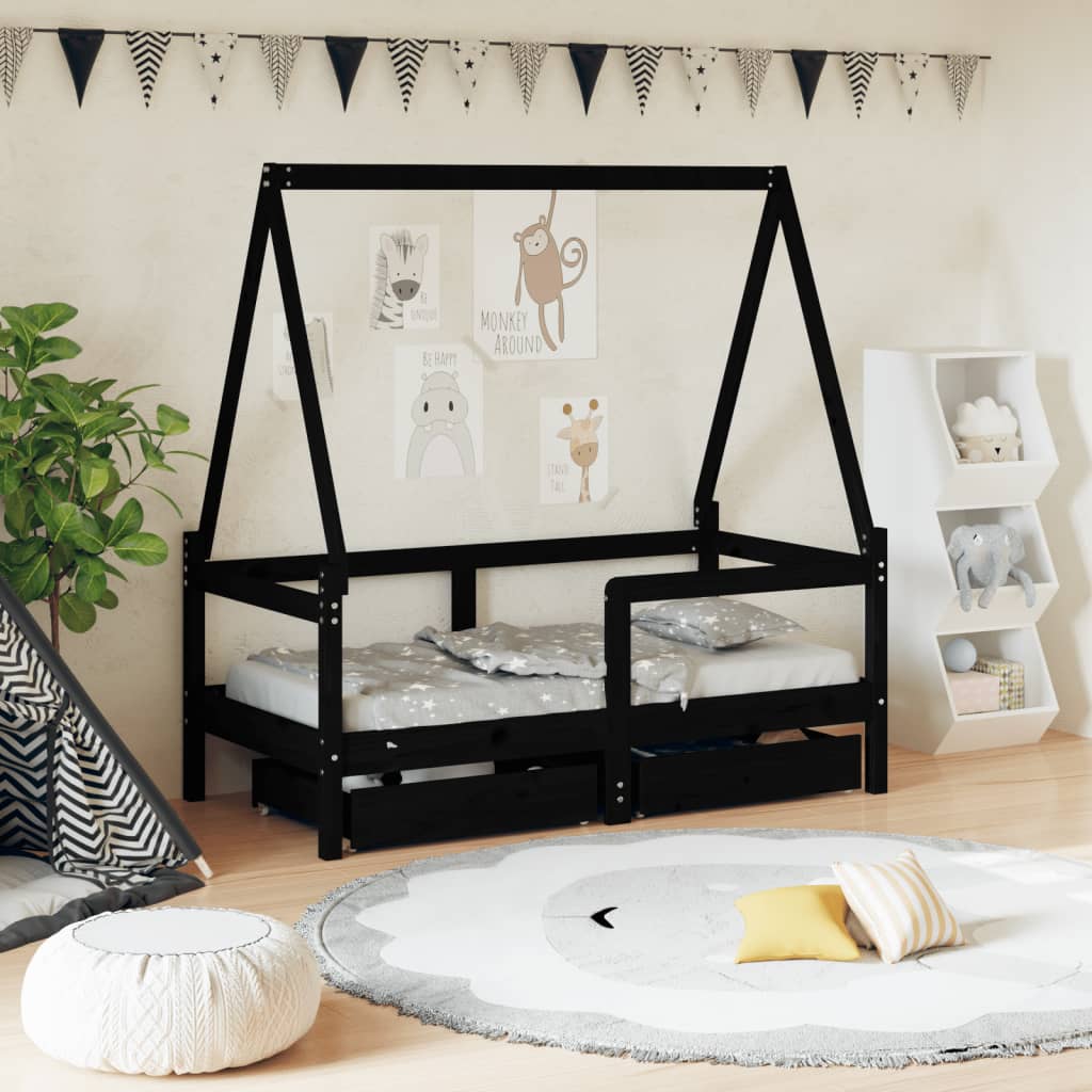 Kinderbett mit Schubladen Schwarz 70×140 cm Massivholz Kiefer