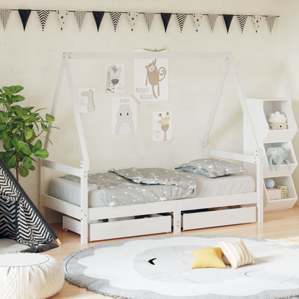 vidaXL Cadru de pat copii cu sertare, alb, 80x160 cm, lemn masiv pin
