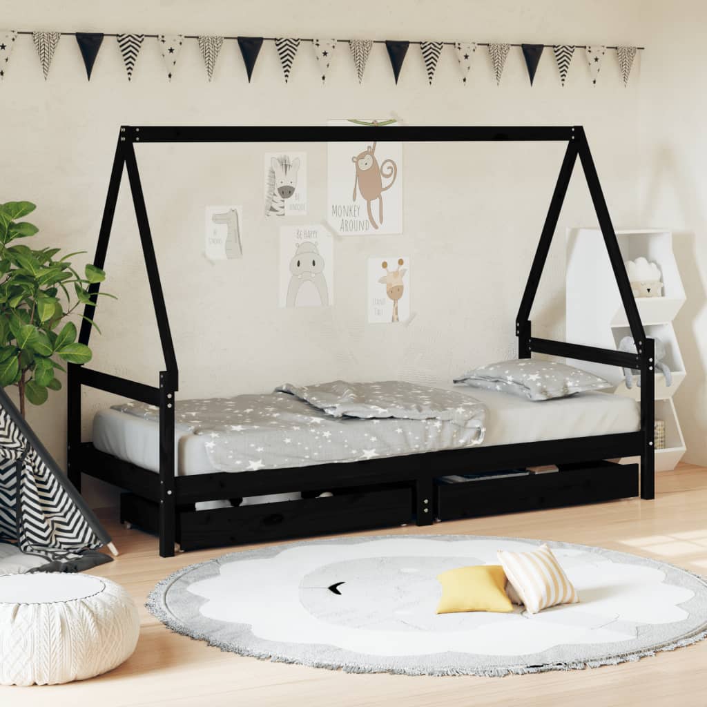 vidaXL Kids Bed Frame with Drawers Black 90×190 cm Solid Wood Pine