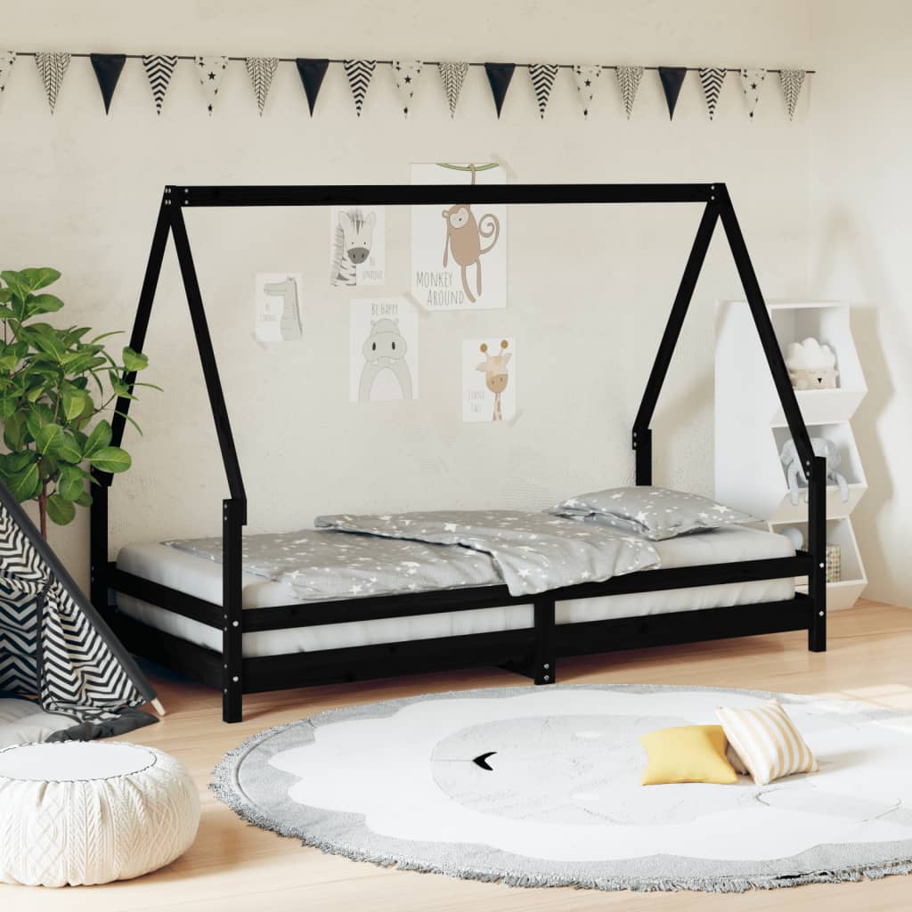 vidaXL Cadru de pat pentru copii, negru, 90x190 cm, lemn masiv de pin 