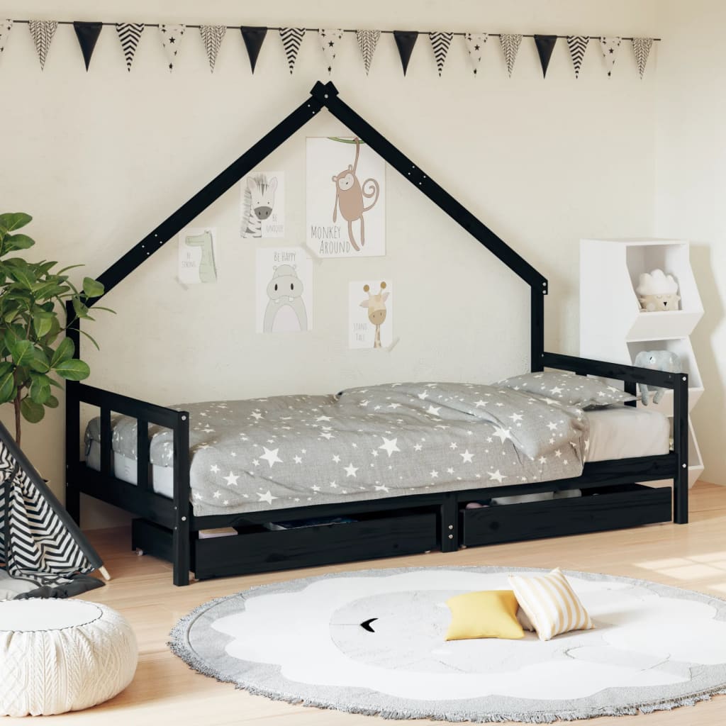 Kinderbett mit Schubladen Schwarz 90×190 cm Massivholz Kiefer kaufen