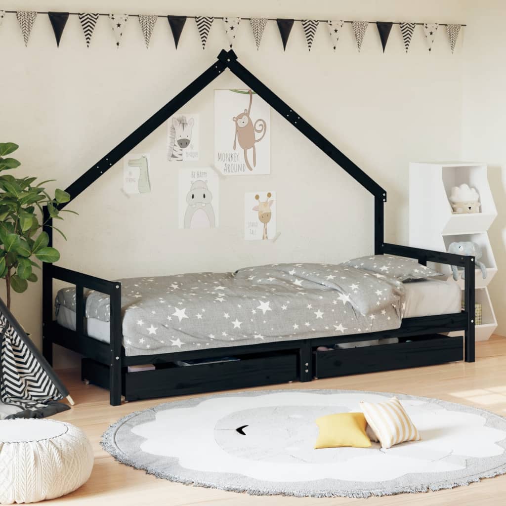 Kinderbett mit Schubladen Schwarz 80×200 cm Massivholz Kiefer