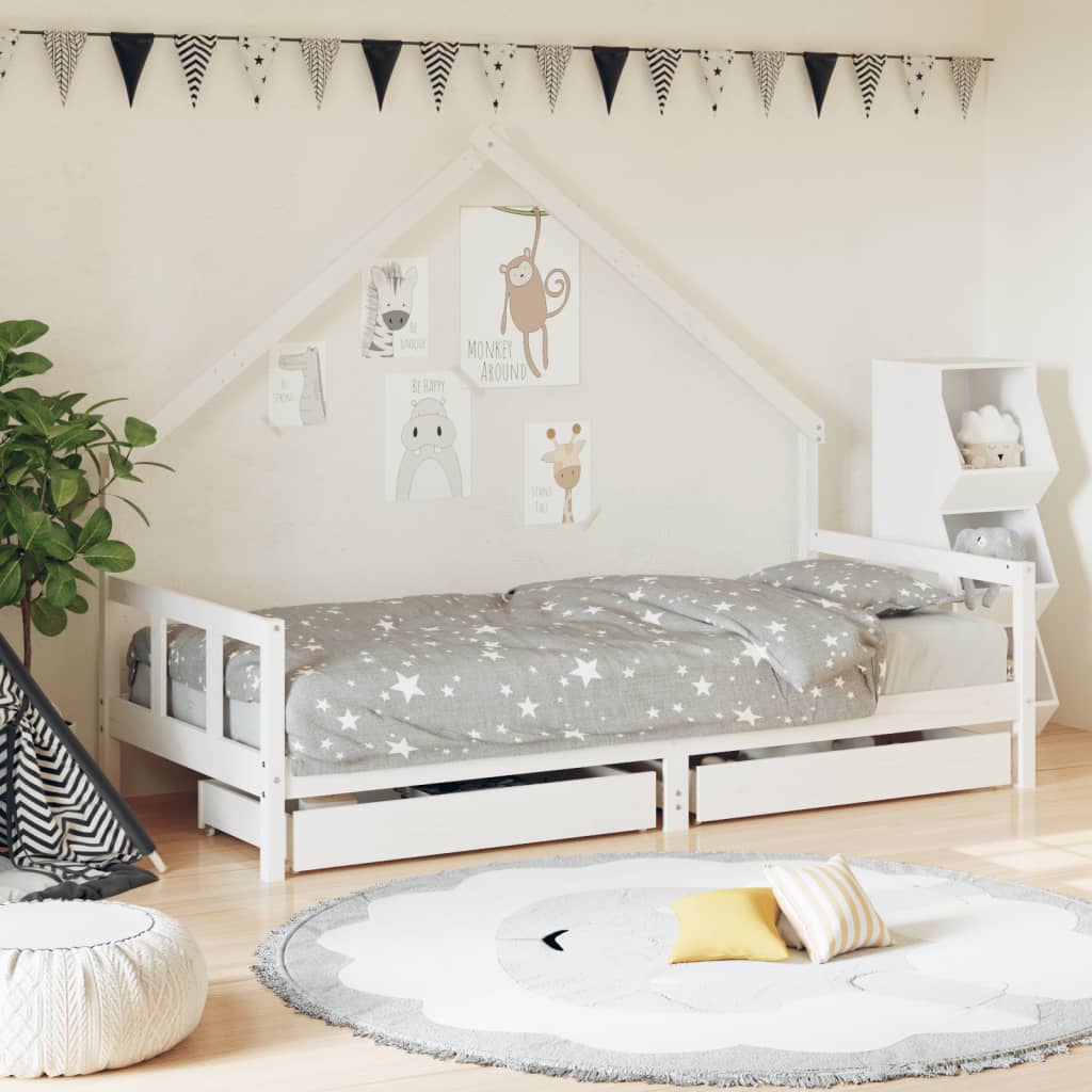 Kinderbett mit Schubladen Weiß 90×200 cm Massivholz Kiefer