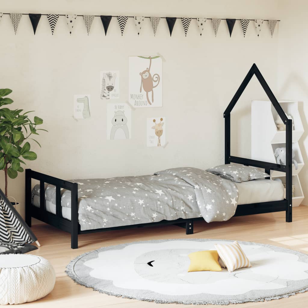 vidaXL Cadru de pat pentru copii, negru, 90x190 cm, lemn masiv de pin
