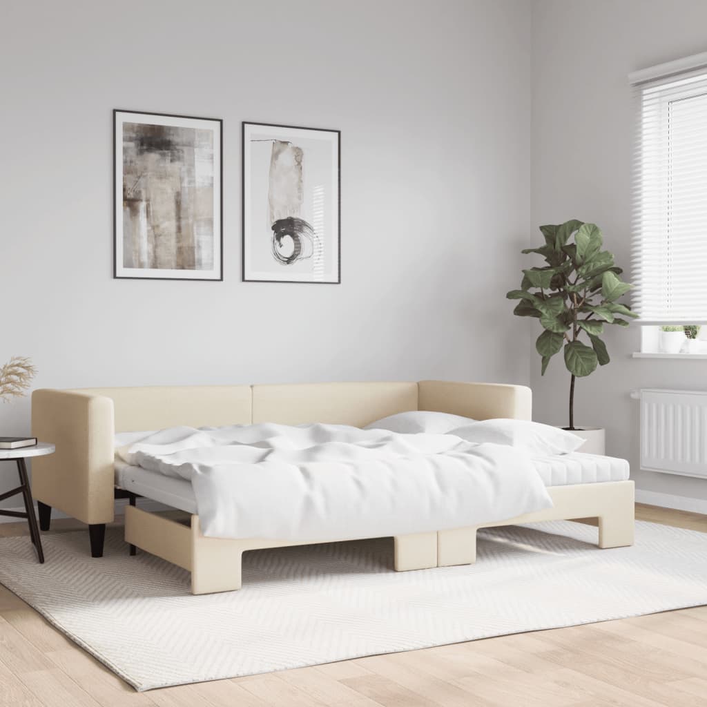Daybed med udtræk og 2 madrasser 80x200 cm - stof, cremefarvet