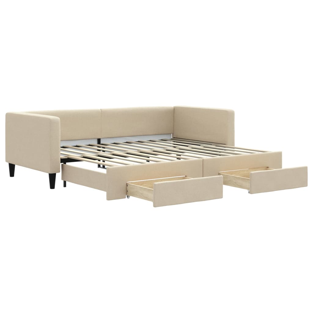 vidaXL Slaapbank met onderschuifbed en lades 90x200 cm stof crèmekleur