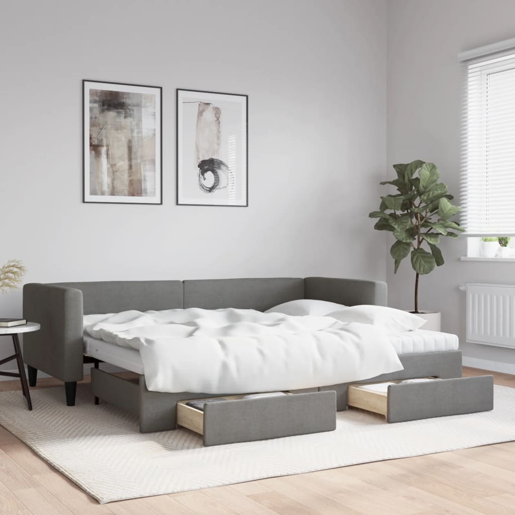 Daybed Stof Mørkegrå - med udtræk og skuffe og madras / 80 x 200 cm