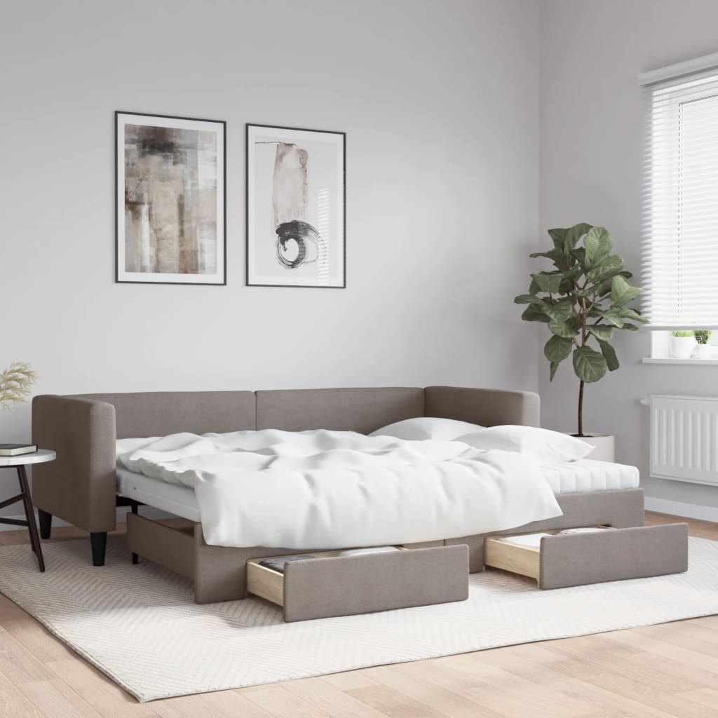 Daybed Stof Gråbrun - med udtræk og skuffe og madras / 80 x 200 cm