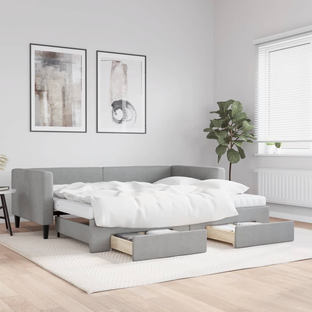 Daybed Stof Lysegrå - med udtræk og skuffe og madras / 90 x 200 cm