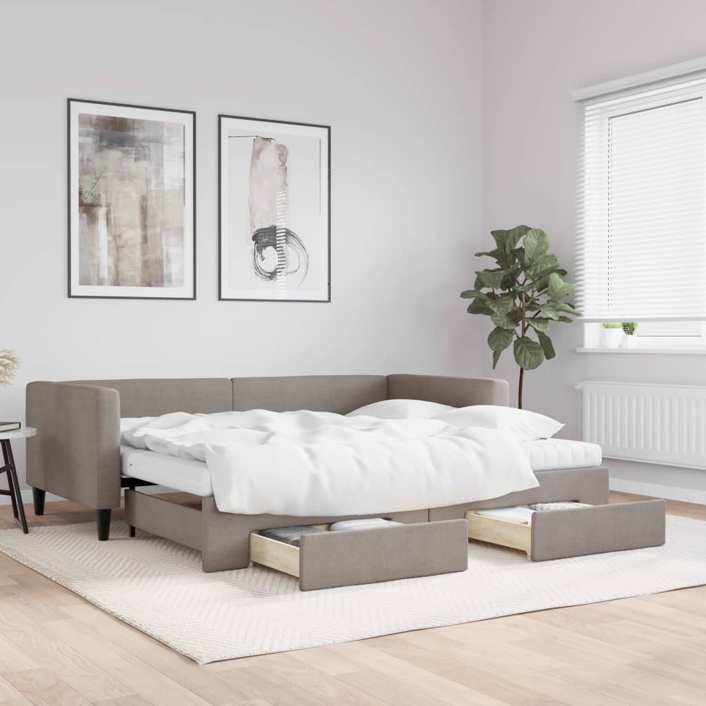 Daybed Stof Gråbrun - med udtræk og skuffe og madras / 90 x 200 cm