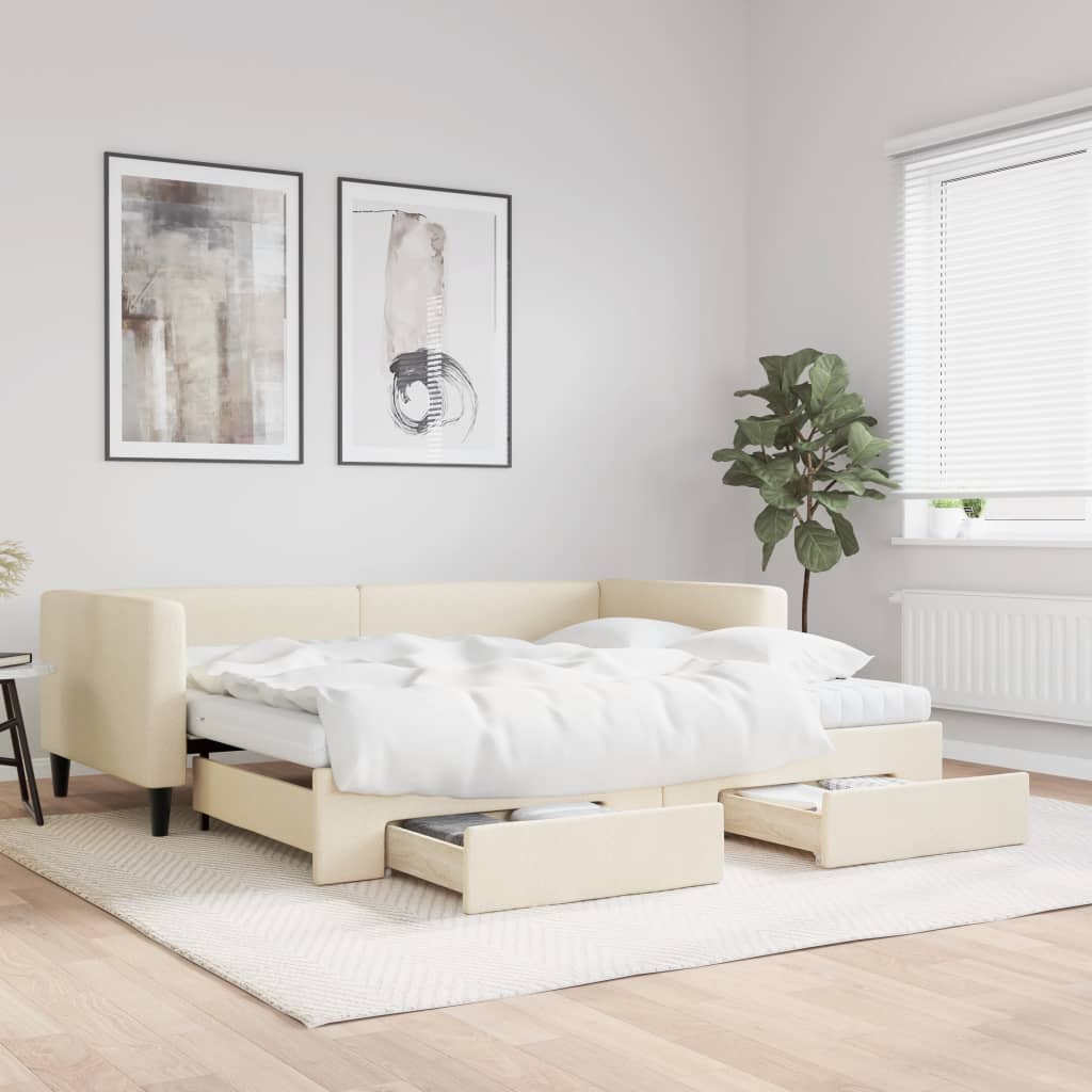 Daybed Stof Farvet Creme - med udtræk og skuffe og madras / 90 x 200 cm