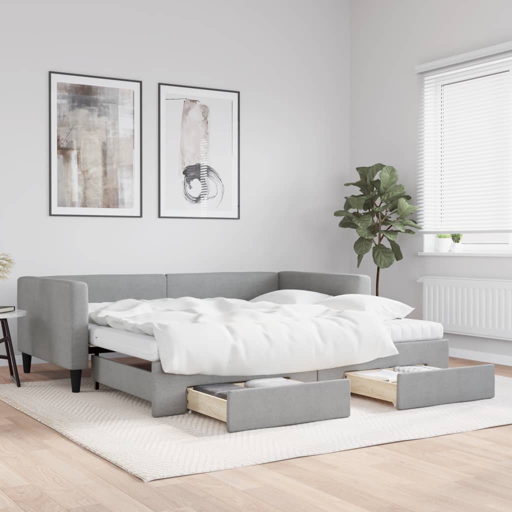 Daybed Stof Lysegrå - med udtræk og skuffe og madras / 100 x 200 cm