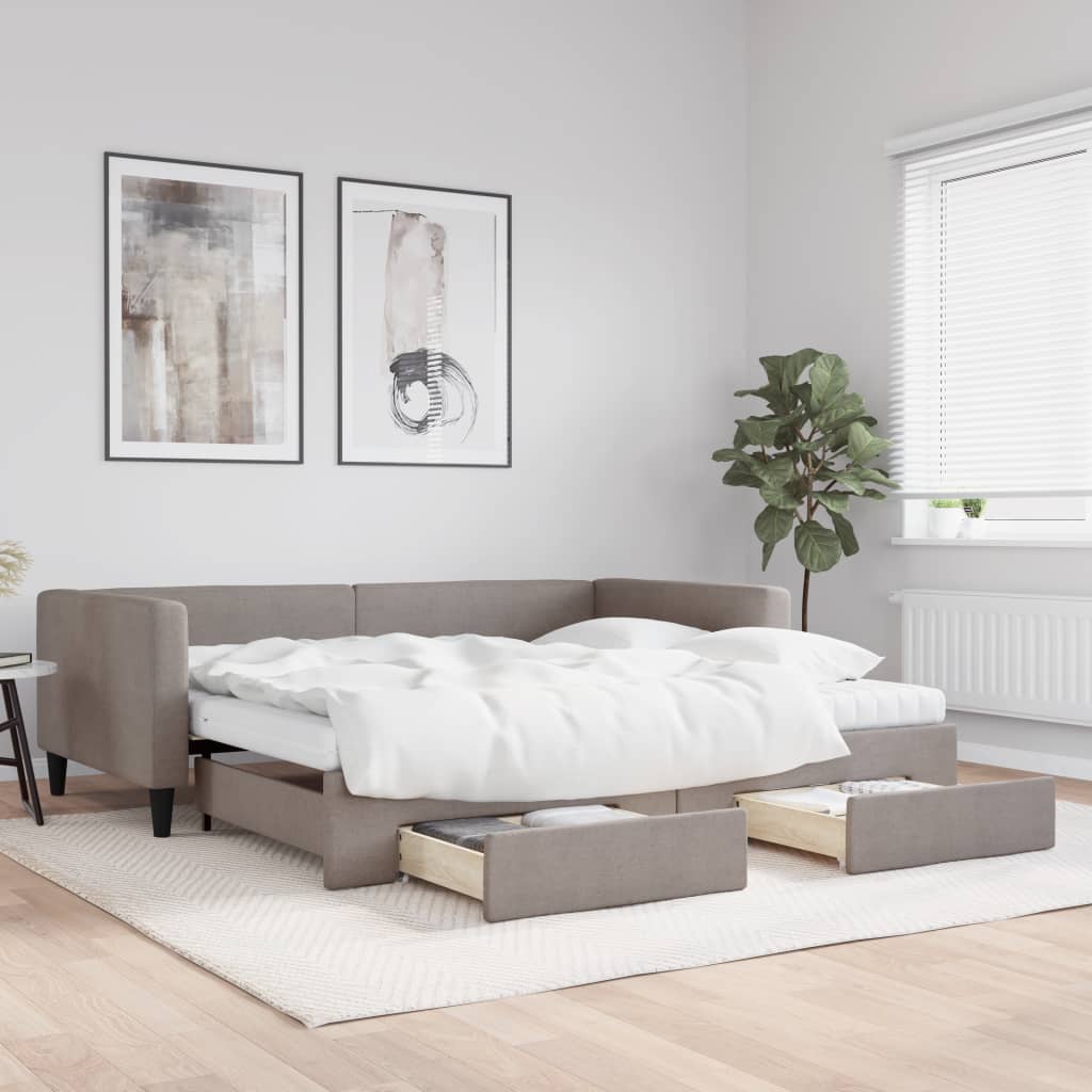 Daybed Stof Gråbrun - med udtræk og skuffe og madras / 100 x 200 cm