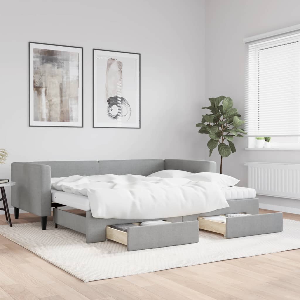 Daybed Stof Lysegrå - med udtræk og skuffe og madras / 90 x 190 cm